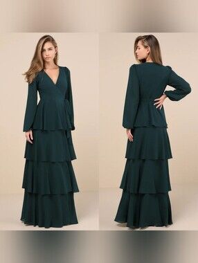 Lulus Marvelous Grace Emerald Long Sleeve Tiered Wrap Maxi Dress XS Wedding